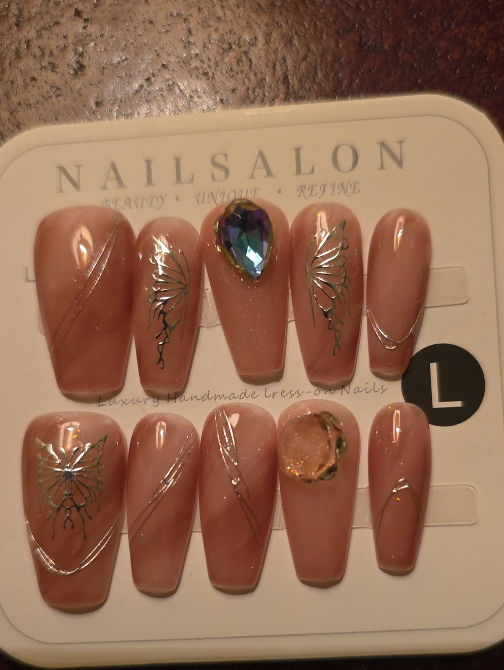 Nude Pink Press-On Nail Set with Gem Accents Size Large
